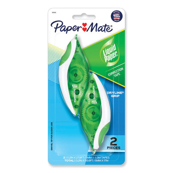 Paper Mate® Liquid Paper® DryLine Grip Correction Tape, Non-Refillable, Gray/Green Applicator, 0.2" x 335", 2/Pack (PAP662415)
