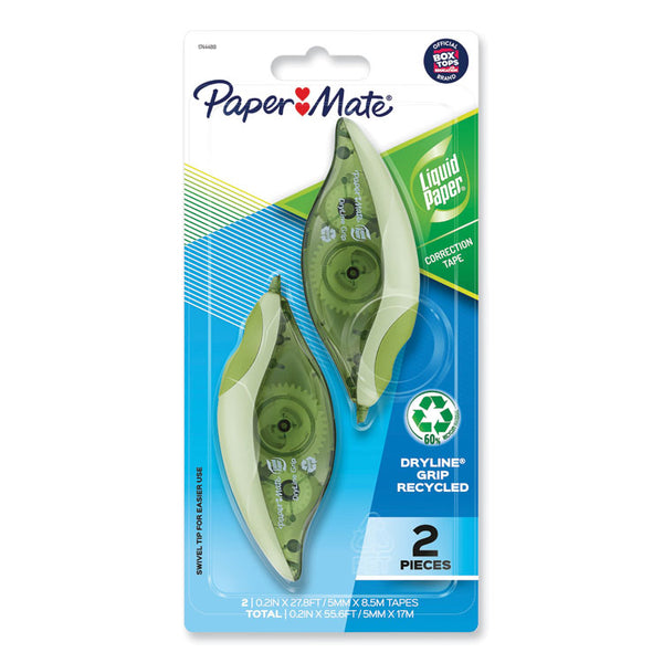 Paper Mate® Liquid Paper® DryLine Grip Correction Tape, Recycled Dispenser, Green/White Applicator, 0.2" x 335", 2/Pack (PAP1744480)
