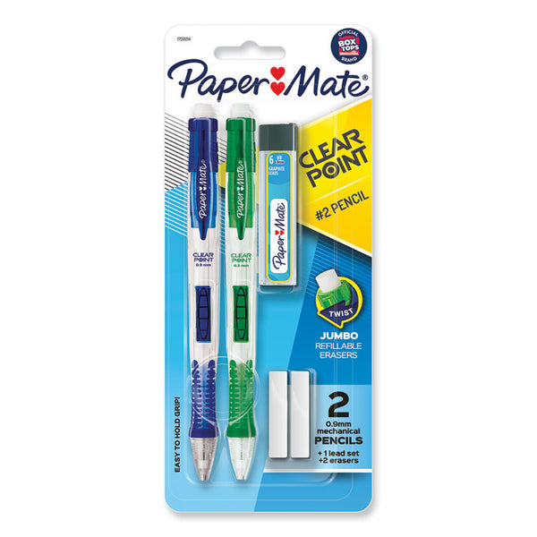 Paper Mate® Clear Point Mechanical Pencils with Tube of Lead/Erasers, 0.9 mm, HB (#2), Black Lead, Assorted Barrel Colors, 2/Pack (PAP1759214)