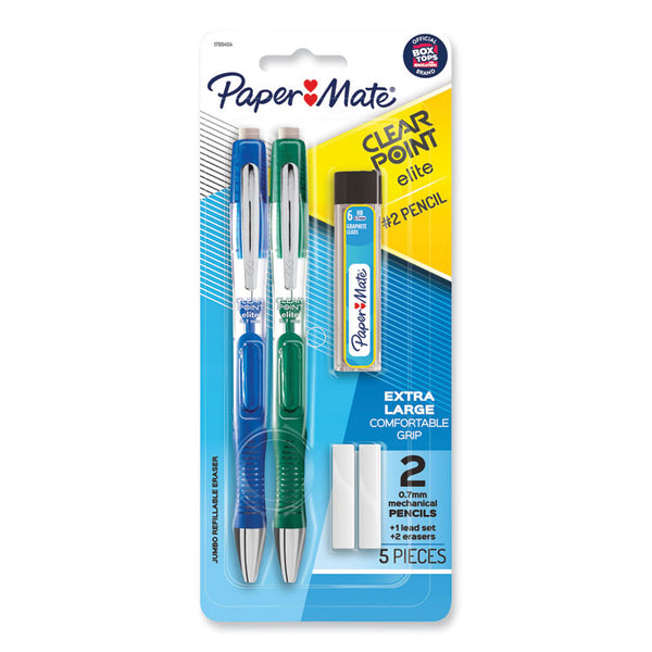 Paper Mate® Clearpoint Elite Mechanical Pencils, 0.7 mm, HB (#2), Black Lead, Blue and Green Barrels, 2/Pack (PAP1799404)