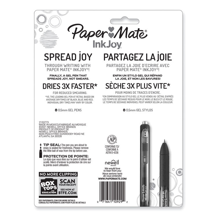 Paper Mate® InkJoy Gel Pen, Retractable, Fine 0.5 mm, Assorted Ink and Barrel Colors, 8/Pack (PAP1968614)