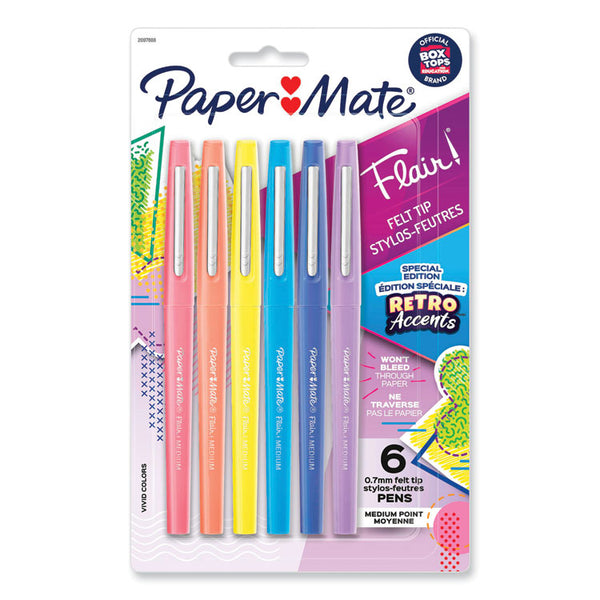 Paper Mate® Flair Felt Tip Porous Point Pen, Stick, Medium 0.7 mm, Assorted Ink and Barrel Colors with Retro Accents, 6/Pack (PAP2097888)