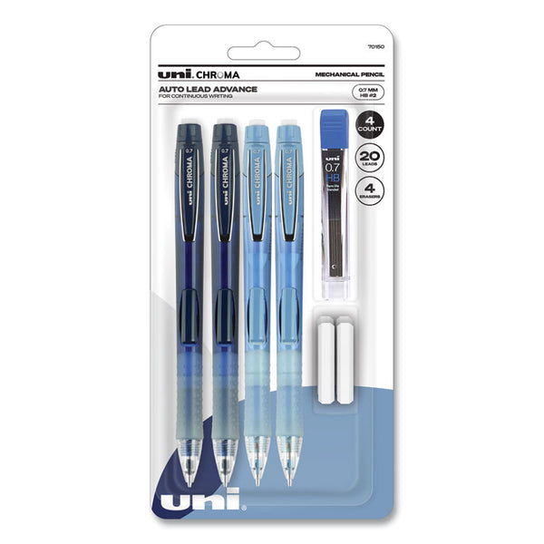 uniball® Chroma Mechanical Pencils with Tube of Lead/Erasers, 0.7 mm, HB (#2), Black Lead, Assorted Barrel Colors, 4/Set (UBC70150)