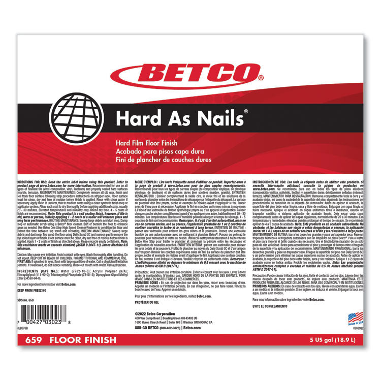 Betco® Hard as Nails Floor Finish, 5 gal Bag-in-Box (BET659B500)