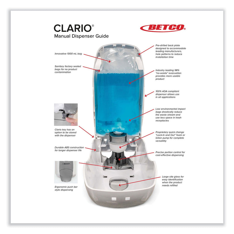 Betco® Clario Dispensing System Manual Foam Dispenser, 1,000 mL, 5.11 x 3.85 x 11.73,  White, 12/Carton (BET9254200) Case of 12