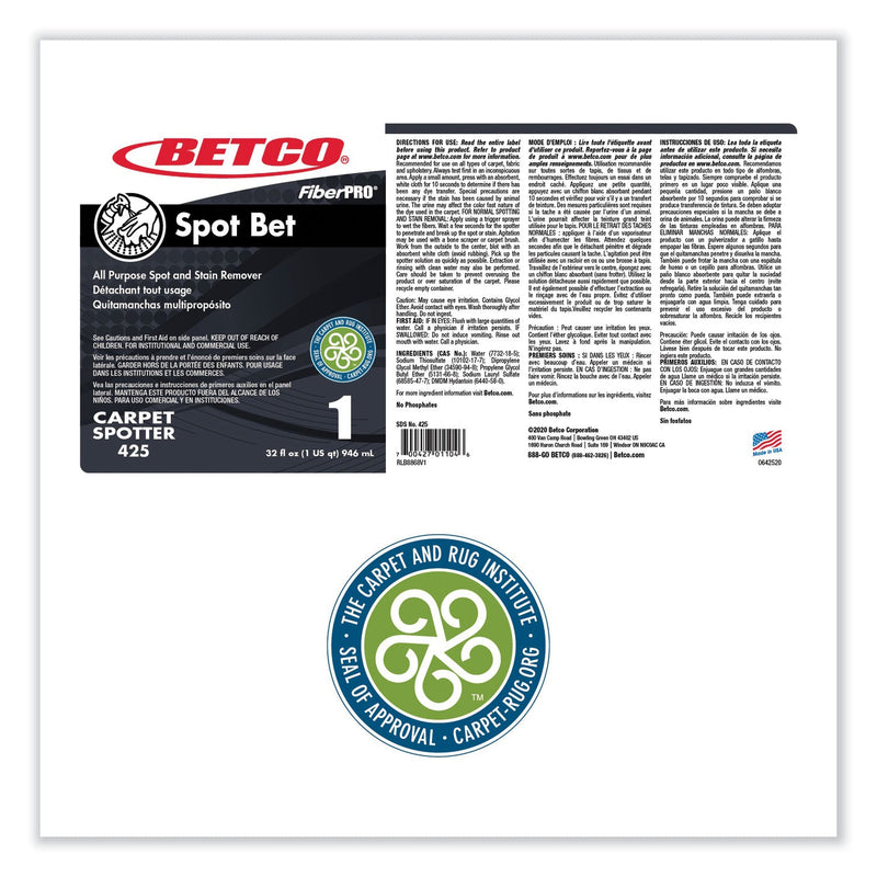 Betco® FiberPro Spot Bet Stain Remover, Country Fresh Scent, 32 oz Bottle, 12/Carton (BET4251200) Case of 12