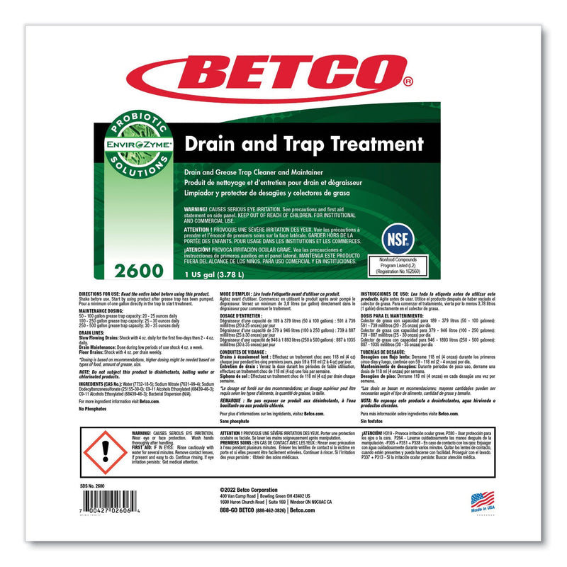 Betco® BioActive Solutions Drain and Trap Treatment, Ocean Scent, 1 gal Bottle, 4/Carton (BET26000400) Case of 4