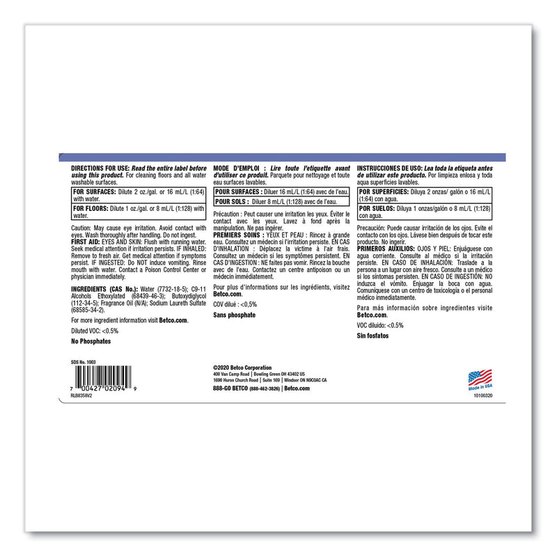 Betco® Spectaculoso Multipurpose Cleaner, Lavender Scent, 1 gal Bottle, 4/Carton (BET10030400) Case of 4