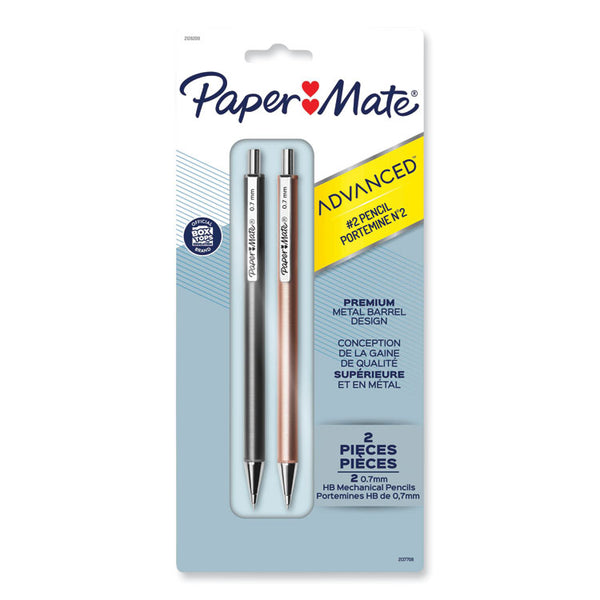 Paper Mate® Advanced Mechanical Pencils, 0.7 mm, HB (#2), Black Lead, Gun Metal Gray; Rose Gold Barrel, 2/Pack (PAP2128209)