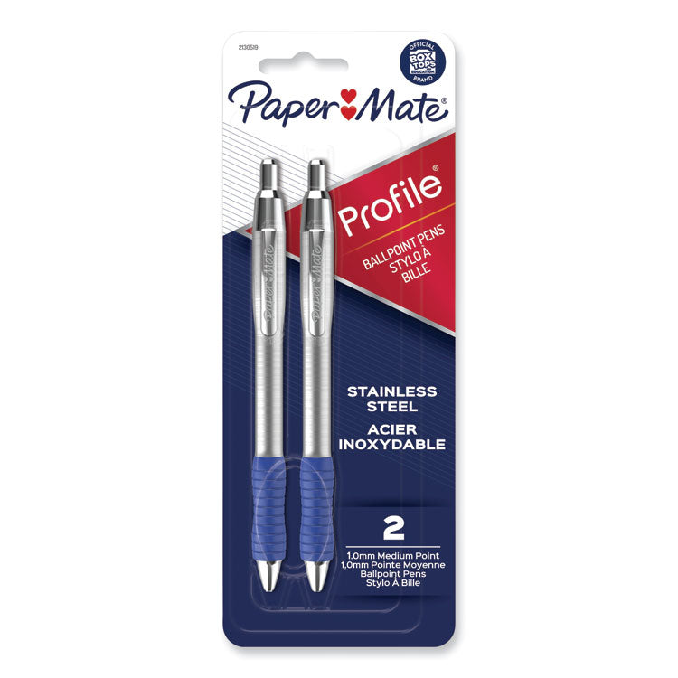 Paper Mate® Profile Ballpoint Pen, Retractable, Medium 1 mm, Blue Ink, Blue/Silver Barrel, 2/Pack (PAP2130519)