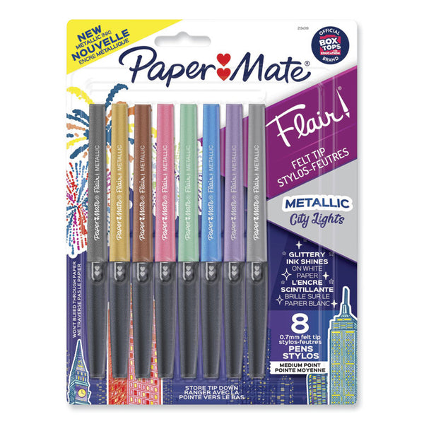 Paper Mate® Flair Metallic Porous Point Pen, Stick, Medium 0.7 mm, Assorted Ink and Barrel Colors, 8/Pack (PAP2134319)
