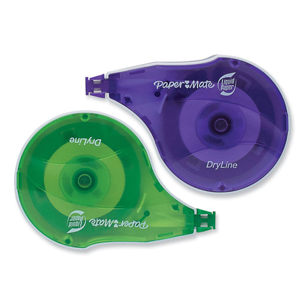 Paper Mate® Liquid Paper® DryLine Correction Tape, Non-Refillable, Green/Purple Applicators, 0.17" x 472", 2/Pack (PAP6137206)
