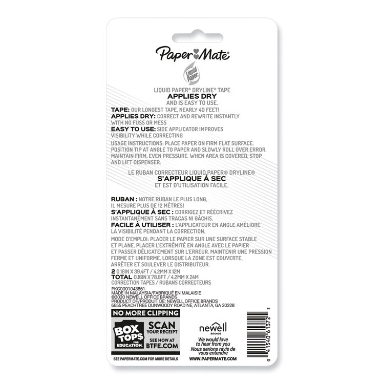 Paper Mate® Liquid Paper® DryLine Correction Tape, Non-Refillable, Green/Purple Applicators, 0.17" x 472", 2/Pack (PAP6137206) Pack of 2