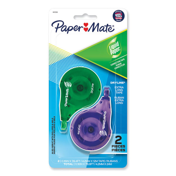 Paper Mate® Liquid Paper® DryLine Correction Tape, Non-Refillable, Green/Purple Applicators, 0.17" x 472", 2/Pack (PAP6137206)