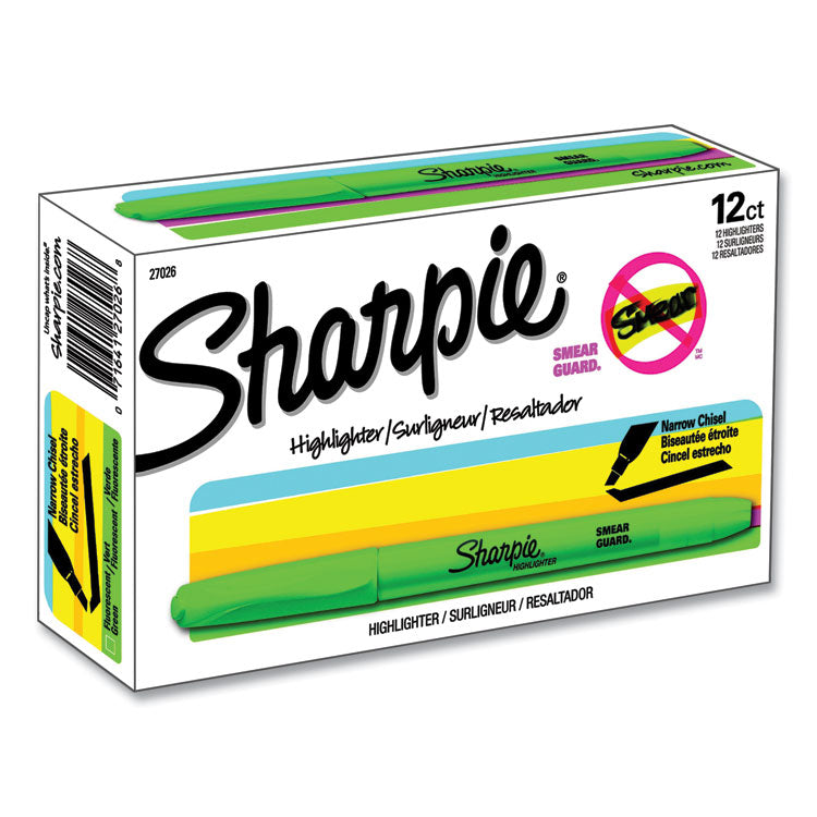 Sharpie® Pocket Style Highlighters, Fluorescent Green Ink, Chisel Tip, Green Barrel, Dozen (SAN27026) Dozen
