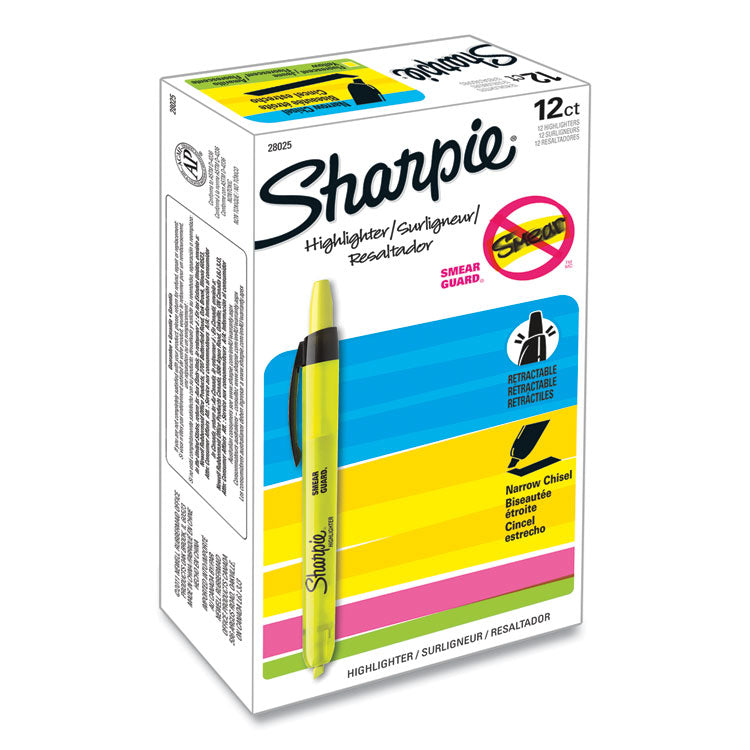 Sharpie® Retractable Highlighters, Fluorescent Yellow Ink, Chisel Tip, Yellow/Black Barrel, Dozen (SAN28025) 1 Dozen