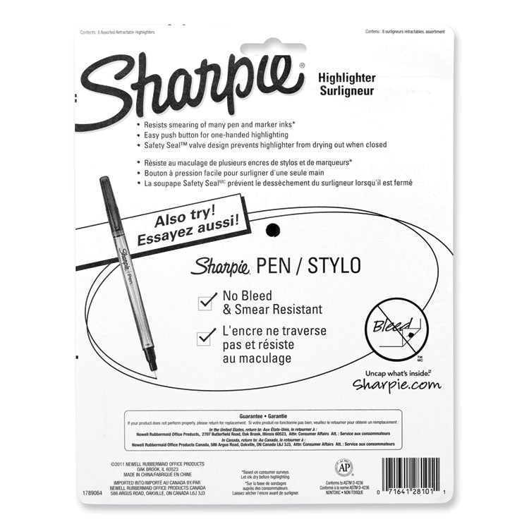 Sharpie® Retractable Highlighters with Storage Pouch, Assorted Ink Colors, Chisel Tip, Assorted Barrel Colors, 8/Set (SAN28101) Set of 8