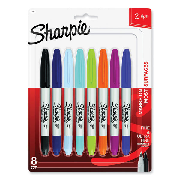 Sharpie® Twin-Tip Permanent Marker, Extra-Fine/Fine Bullet Tips, Assorted Colors, 8/Set (SAN33861PP)