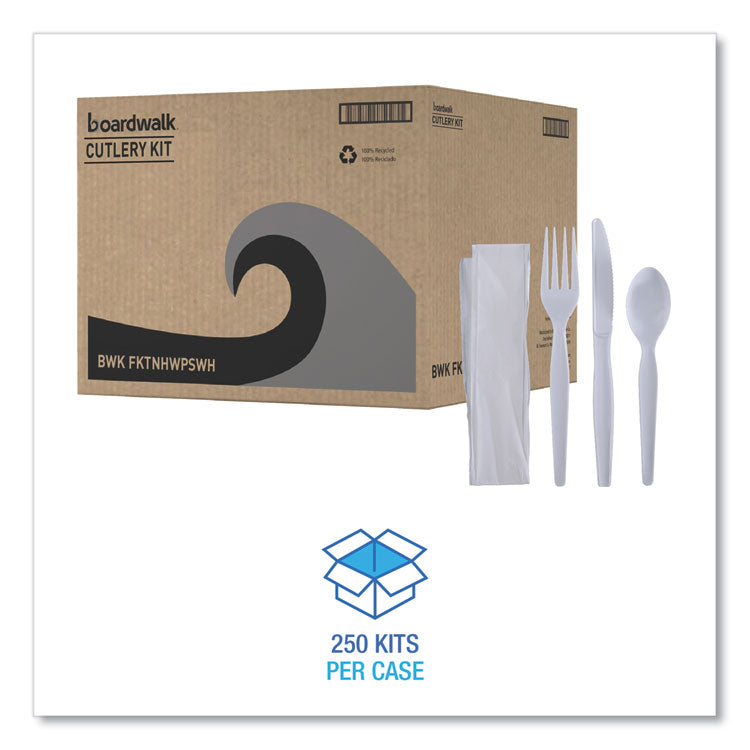 Boardwalk® Four-Piece Cutlery Kit, Fork/Knife/Napkin/Teaspoon, Heavyweight, White, 250/Carton (BWKFKTNHWPSWH)