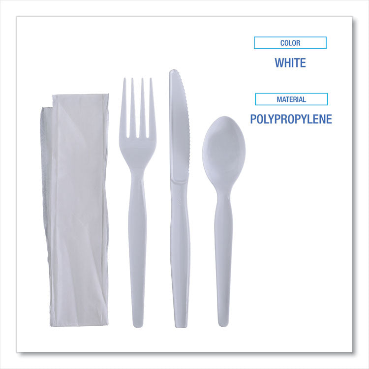 Boardwalk® Four-Piece Cutlery Kit, Fork/Knife/Napkin/Teaspoon, Heavyweight, White, 250/Carton (BWKFKTNHWPSWH)