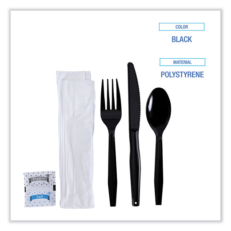 Boardwalk® Six-Piece Cutlery Kit, Condiment/Fork/Knife/Napkin/Teaspoon, Black, 250/Carton (BWKFKTNSMWPSBLA)