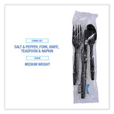 Boardwalk® Six-Piece Cutlery Kit, Condiment/Fork/Knife/Napkin/Teaspoon, Black, 250/Carton (BWKFKTNSMWPSBLA)