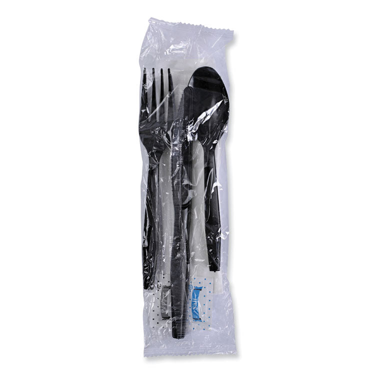 Boardwalk® Six-Piece Cutlery Kit, Condiment/Fork/Knife/Napkin/Teaspoon, Black, 250/Carton (BWKFKTNSMWPSBLA)