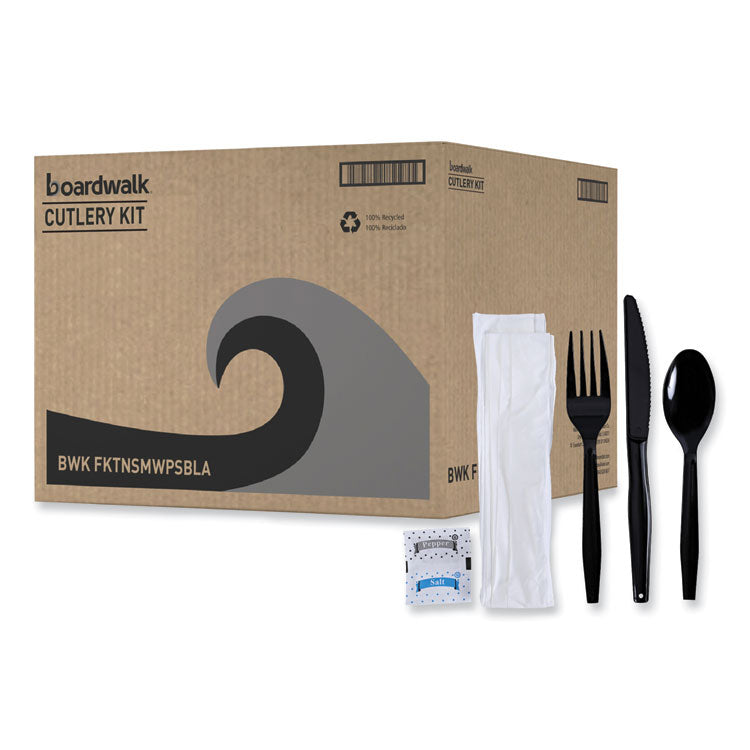 Boardwalk® Six-Piece Cutlery Kit, Condiment/Fork/Knife/Napkin/Teaspoon, Black, 250/Carton (BWKFKTNSMWPSBLA)