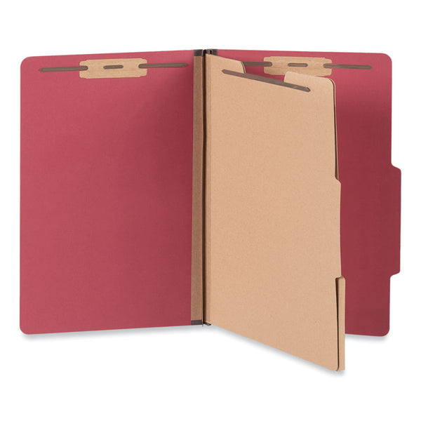 Universal® Bright Colored Pressboard Classification Folders, 2" Expansion, 2 Dividers, 6 Fasteners, Legal Size, Ruby Red, 10/Box (UNV10313)