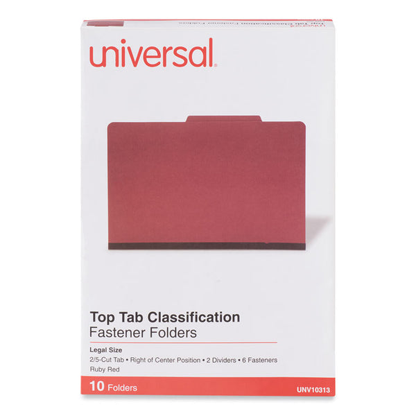 Universal® Bright Colored Pressboard Classification Folders, 2" Expansion, 2 Dividers, 6 Fasteners, Legal Size, Ruby Red, 10/Box (UNV10313)