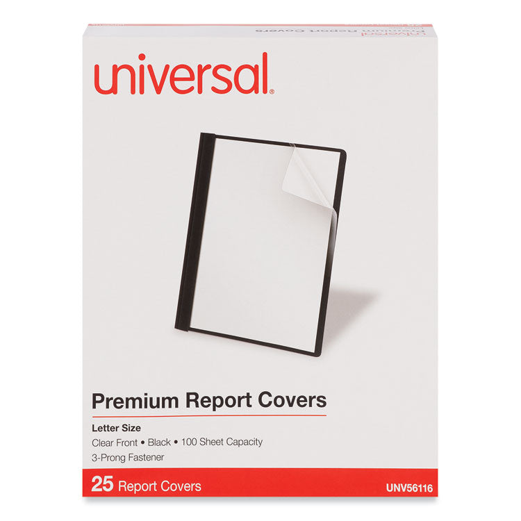 Universal® Clear Front Report Cover with Fasteners, Three-Prong Fastener, 0.5" Capacity, 8.5 x 11, Clear/Black, 25/Box (UNV56116) 1 Pack of 25