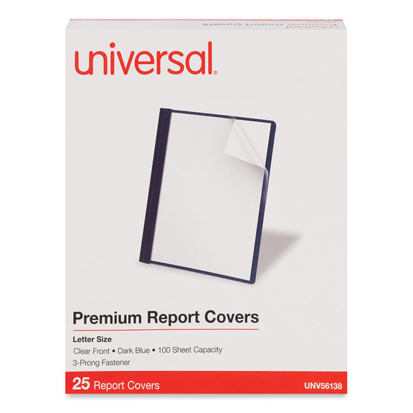 Universal® Clear Front Report Covers with Fasteners, Three-Prong Fastener, 0.5" Capacity,  8.5 x 11, Clear/Dark Blue, 25/Box (UNV56138)
