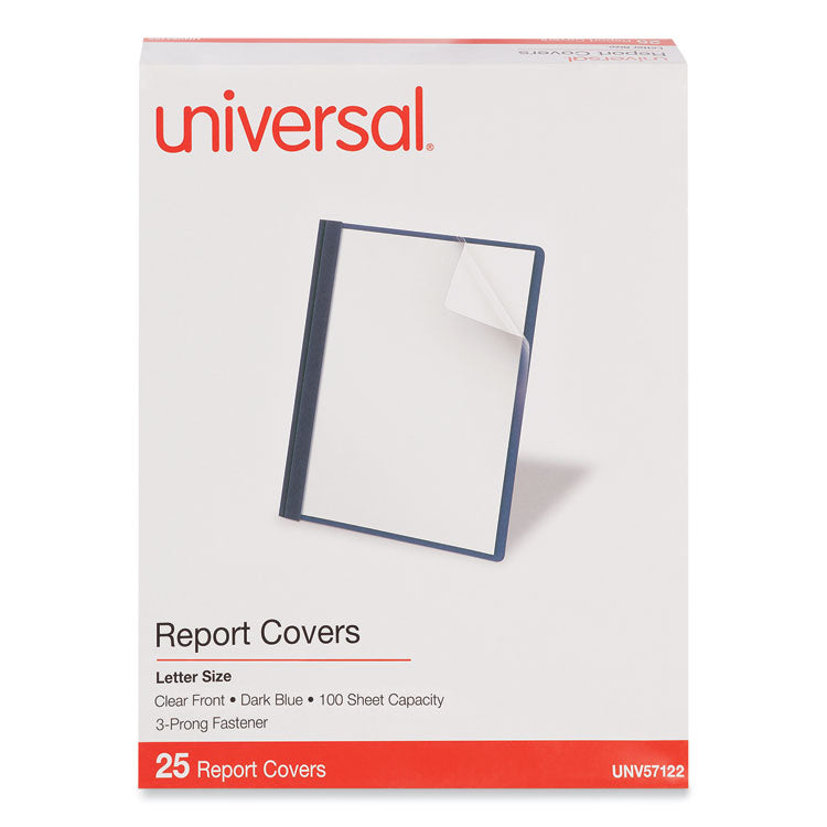 Universal® Clear Front Report Cover, Prong Fastener, 0.5" Capacity, 8.5 x 11, Clear/Dark Blue, 25/Box (UNV57122)