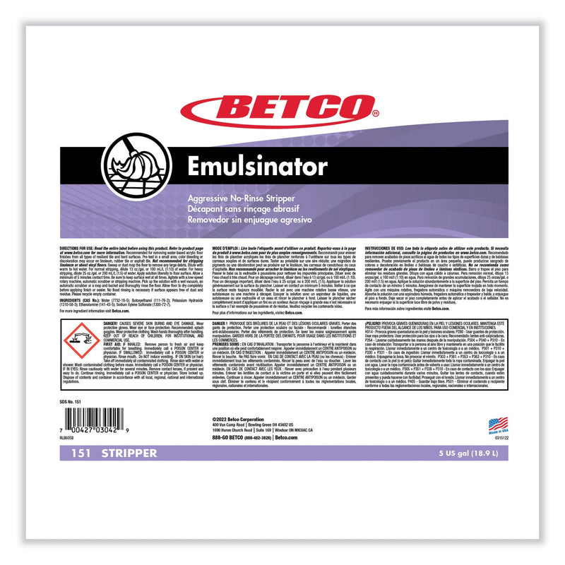 Betco® Emulsinator Floor Stripper, Sassafras Scent, 5 gal Bag-in-Box (BET151B500) Each