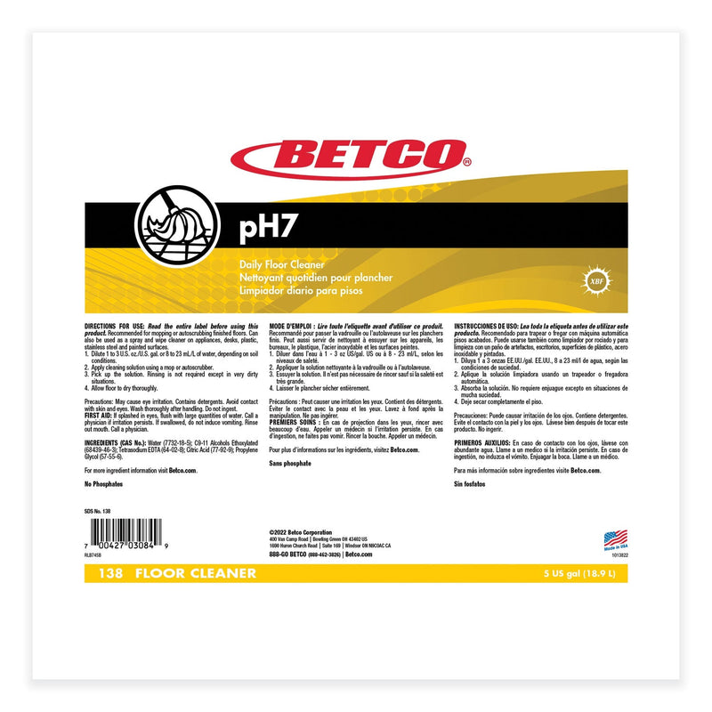 Betco® pH7 Floor Cleaner, Lemon Scent, 5 gal Bag-in-Box, 4/Carton (BET138B500) Each