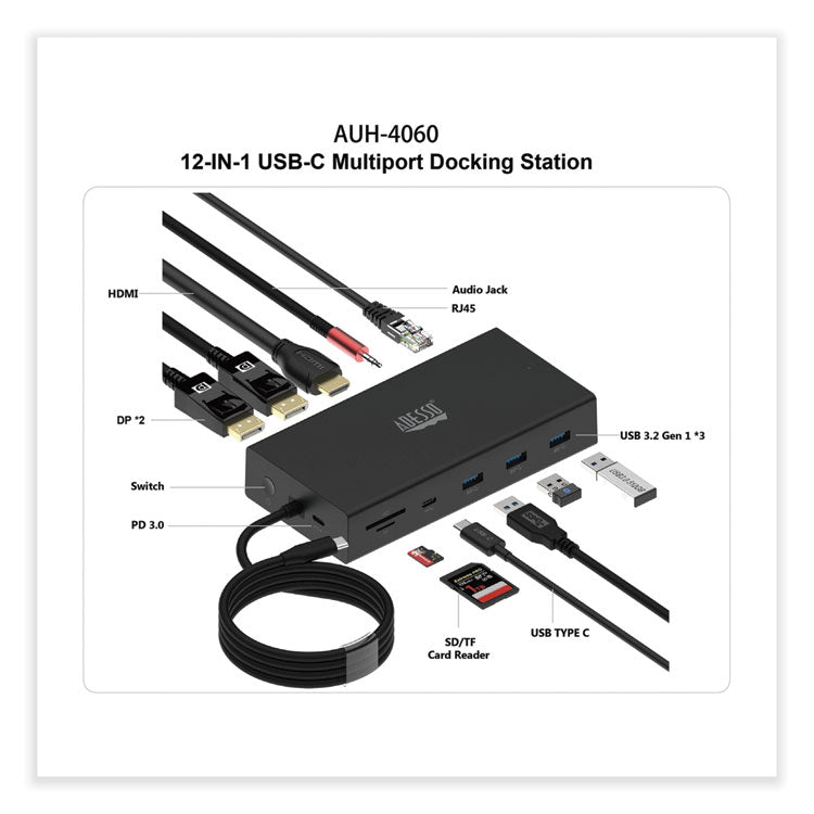 Adesso 12-in-1 USB-C Multi-Port TAA Compliant Docking Station, Black (ADEAUH4060) Each