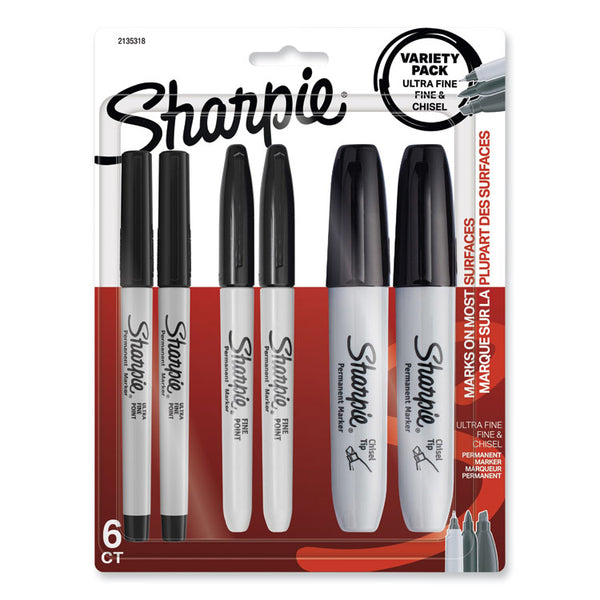 Sharpie® Mixed Point Size Permanent Markers, Assorted Tip Sizes/Types, Black, 6/Pack (SAN2135318)