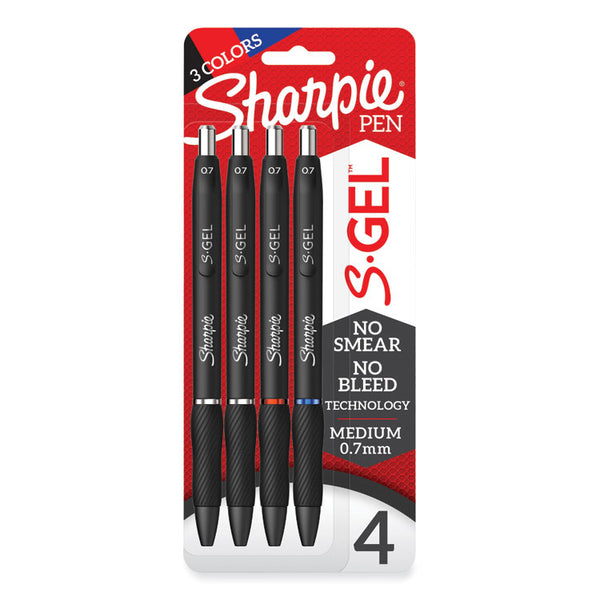 Sharpie® S-Gel™ S-Gel High-Performance Gel Pen, Retractable, Medium 0.7 mm, Assorted Ink Colors, Black Barrel, 4/Pack (SAN2096174)