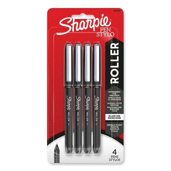 Sharpie® Roller Professional Design Roller Ball Pen, Stick, Fine 0.5 mm, Black Ink, Black Barrel, 4/Pack (SAN2093222) Pack of 4