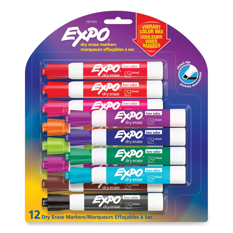 EXPO® Low Odor Dry Erase Vibrant Color Markers, Broad Chisel Tip, Assorted Colors, 12/Set (SAN1927525)