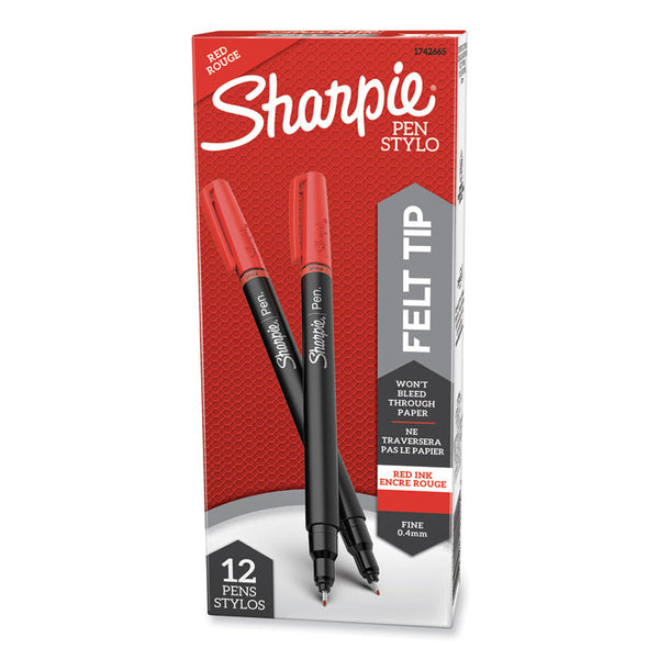 Sharpie® Water-Resistant Ink Porous Point Pen, Stick, Fine 0.4 mm, Red Ink, Black/Red Barrel, Dozen (SAN1742665)