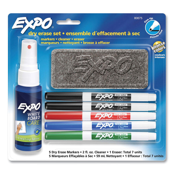 EXPO® Dry Erase Marker, Eraser and Cleaner Kit, Fine Bullet Tip, Assorted Colors, 5/Set (SAN80675A) Set of 5