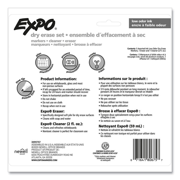 EXPO® Dry Erase Marker, Eraser and Cleaner Kit, Fine Bullet Tip, Assorted Colors, 5/Set (SAN80675A) Set of 5