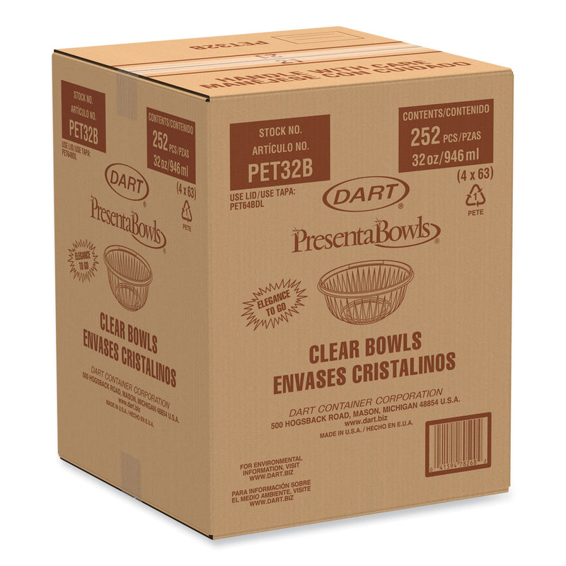 PresentaBowls Clear Bowls, 32 oz, Plastic, 63/Bag, 4 Bags/Carton, 252 Bowls/Carton (DCCPET32B) Case of 252