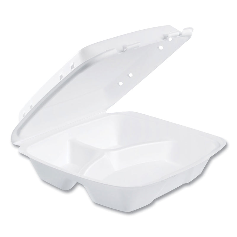 Insulated Foam Hinged Lid Containers, 3 Compartments, 9.01 x 9.4 x 3.1, White, 200/Carton (DCC90HTPF3VR) Case of 200