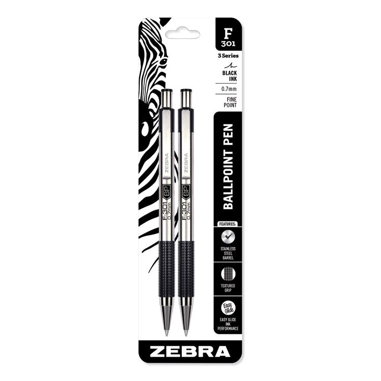 Zebra® F-301 Ballpoint Pen, Retractable, Fine 0.7 mm, Black Ink, Stainless Steel/Black Barrel, 2/Pack (ZEB27112) Pack of 2