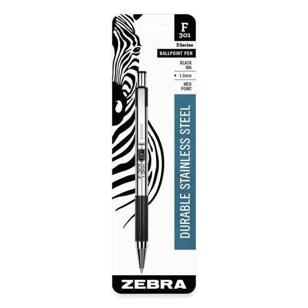 Zebra® F-301 Ballpoint Pen, Retractable, Medium 1 mm, Black Ink, Stainless Steel/Black Barrel (ZEB27211)