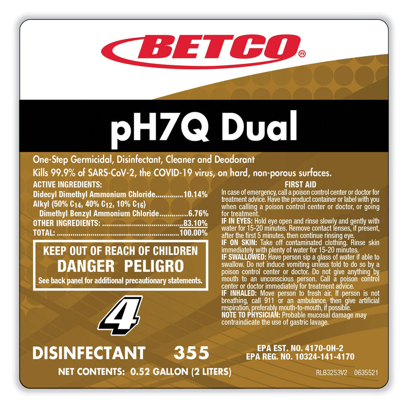 Betco® pH7Q Dual Neutral Disinfectant Cleaner, Lemon Scent, 67.6 oz Bottle, 4/Carton (BET3554700) Case of 4