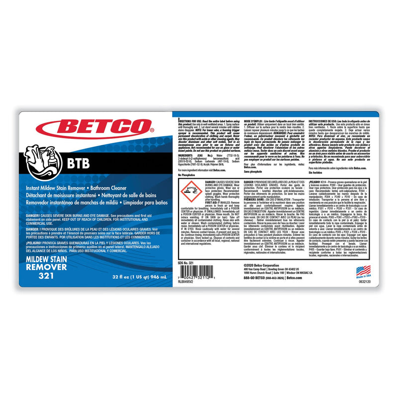 Betco® BTB Mildew Stain Remover, Apple, 32 oz Spray Bottle, 12/Carton (BET3211200)