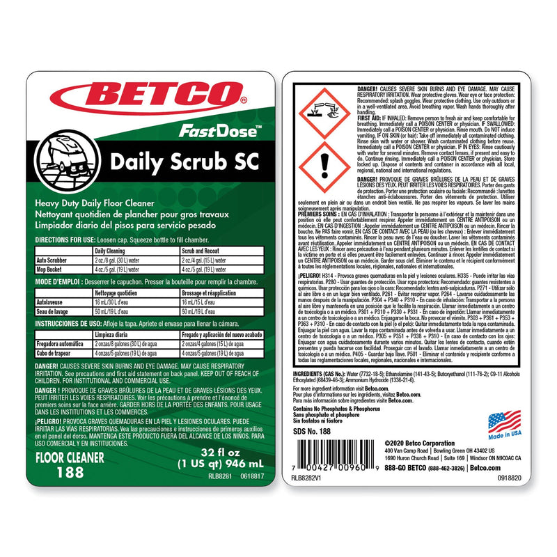 Betco® Daily Scrub SC Floor Cleaner, Characteristic Scent, 32 oz Bottle, 6/Carton (BET1884800) Case of 6